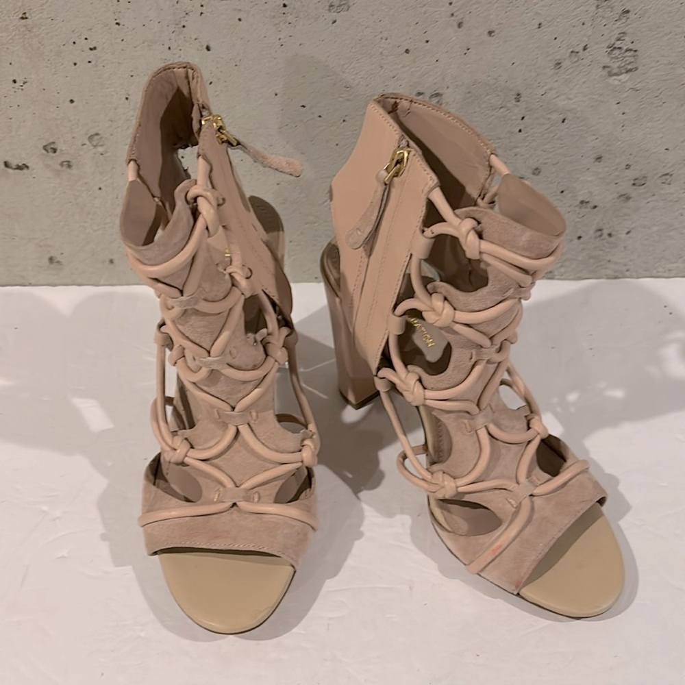 BCBG Pink Faye Peep Toe Bare Heel Suede and Leather Ankle Boots -  Size 8